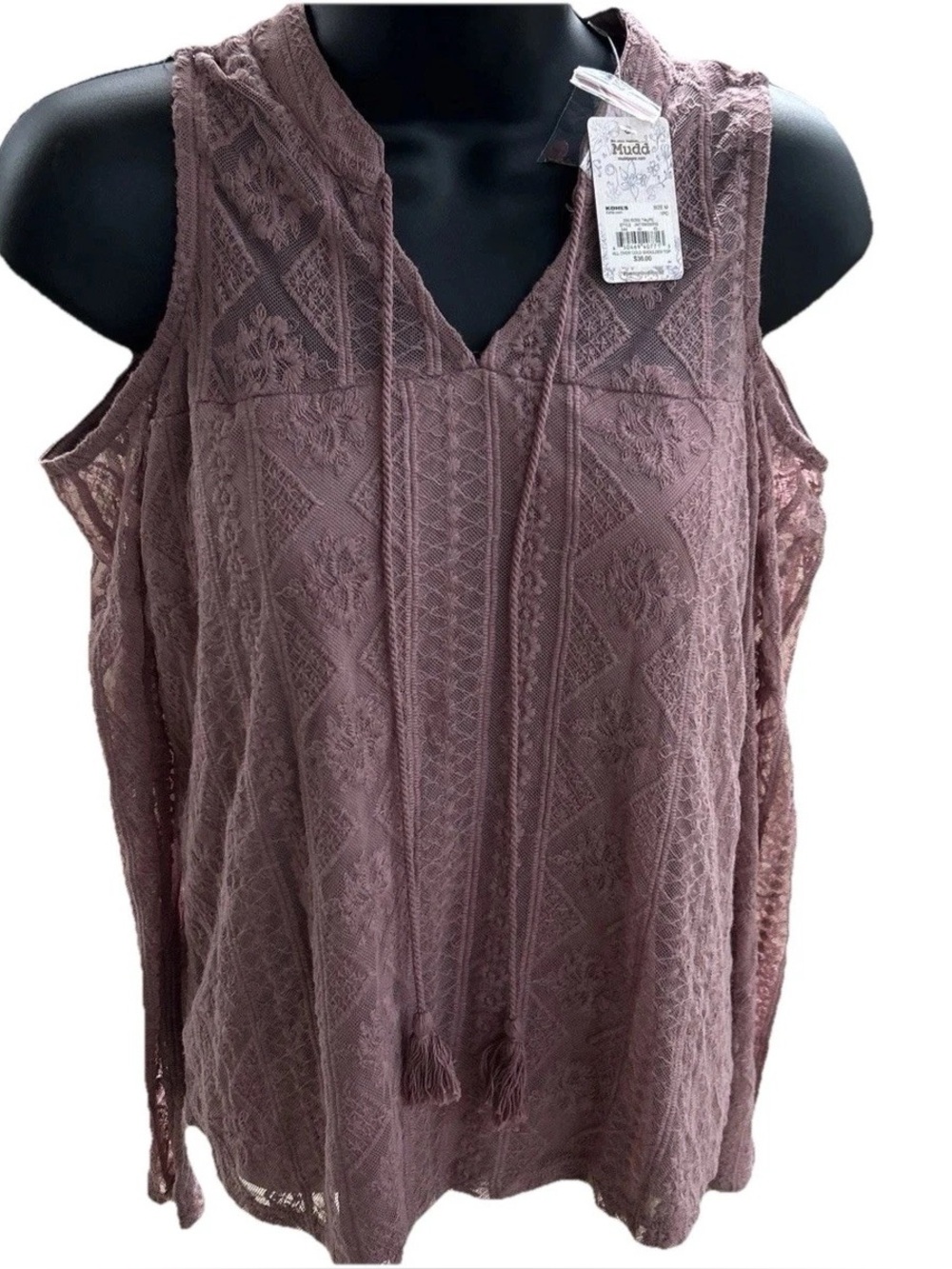 Mudd Mauve Lace Cold-Shoulder Crochet Tank 1